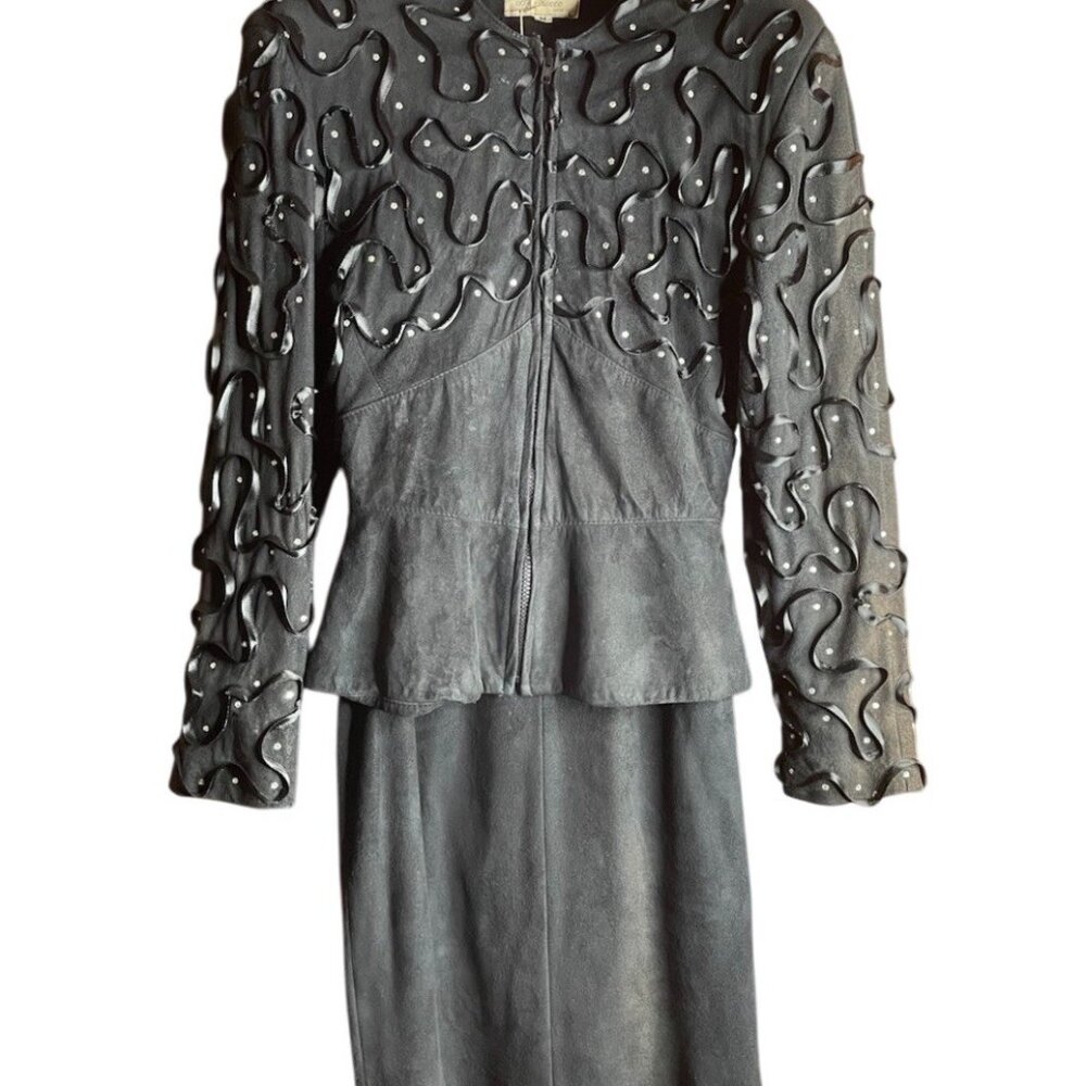 Vintage Dero by Rocco New York Suede LeatherJacket & Skirt Rhinestones Ribbon M